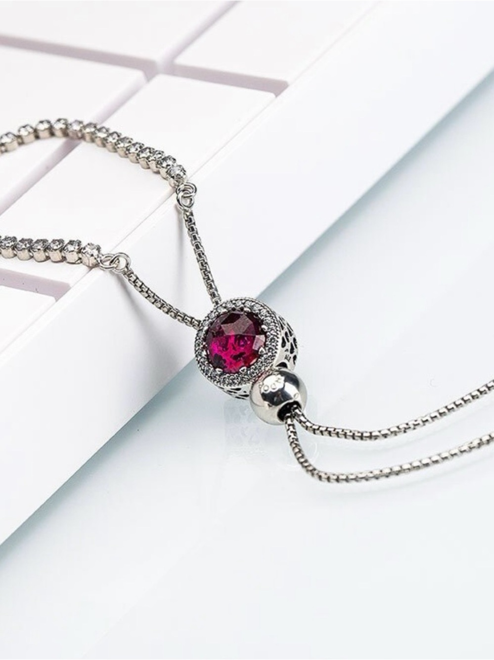 Pandora Sterling Silver Adjustable Bracelet with Fuchsias Round Stone Halo Charm